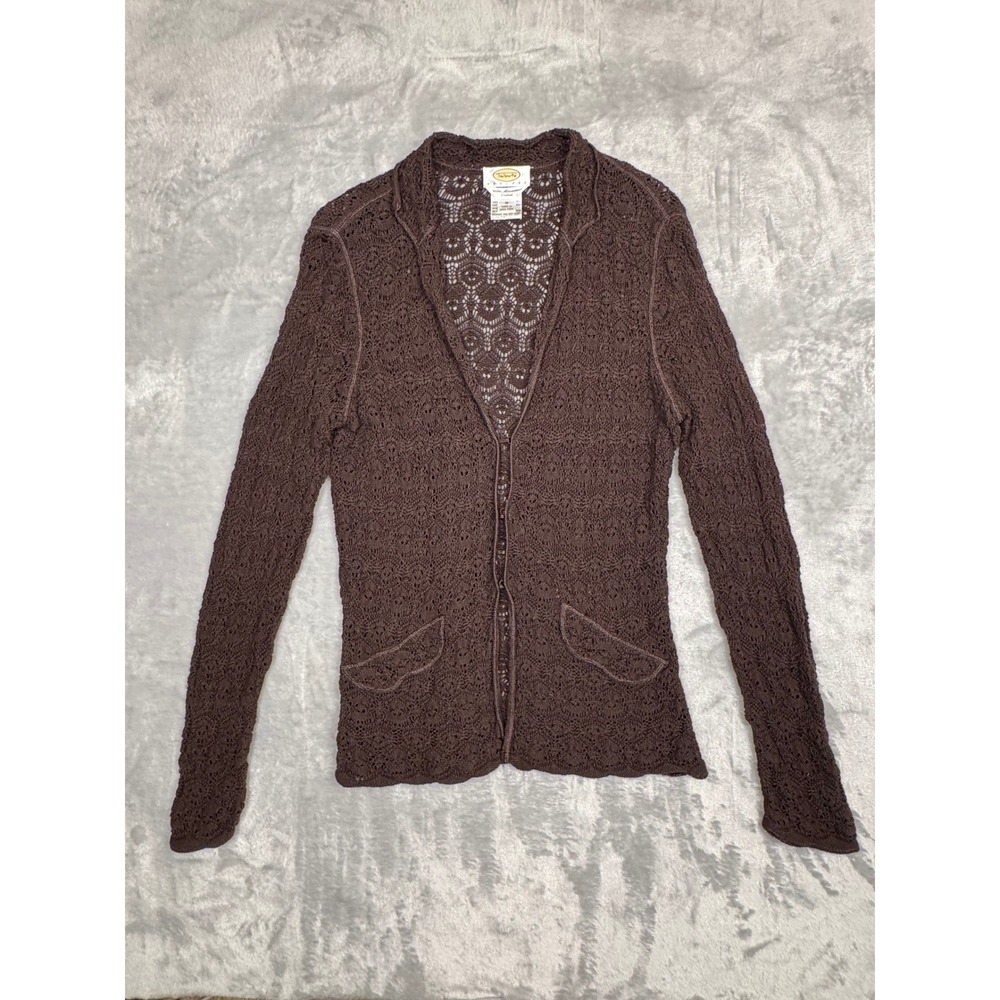 Vintage 90s Y2K M Petite Brown Lace Knit Cardigan Blazer‎ Cottagecore